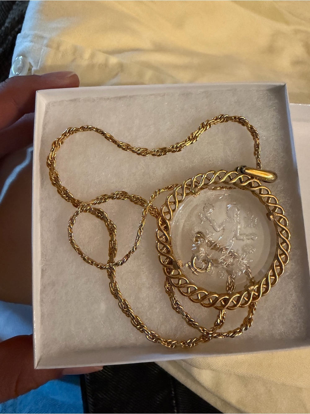 Vintage Trifari necklace Virgo virgin zodiac reverse carved glass gold tone